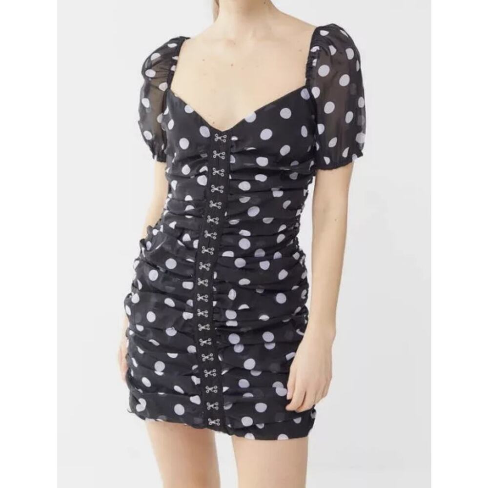 Urban Outfitters size‎ small Skye Polka Dot Black White Mini Dress puff sleeves
